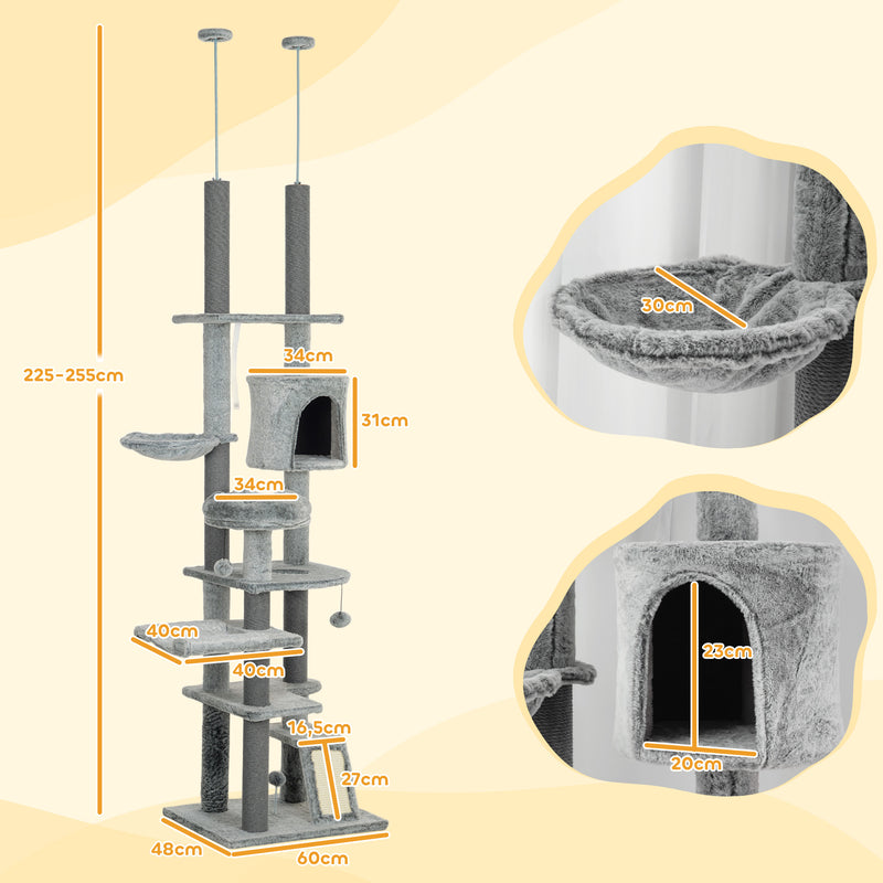 Arranhador para Gatos de Solo ao Teto de 225-255 cm Arranhador para Gatos com Altura Ajustável Plataformas Caverna Cama Rampa e Bolas de Brincar Cinza