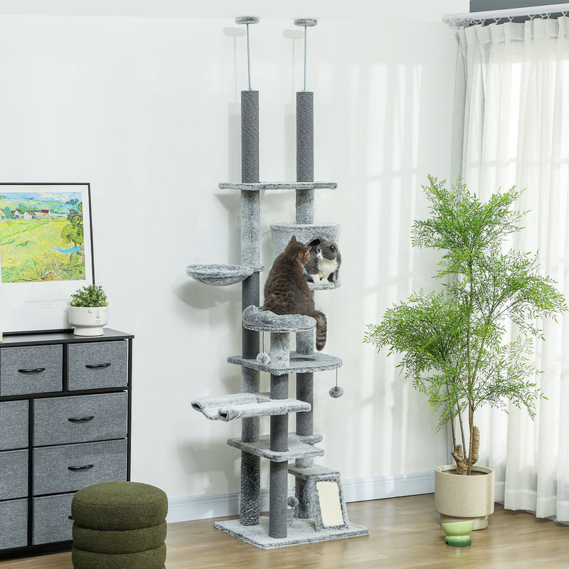 Arranhador para Gatos de Solo ao Teto de 225-255 cm Arranhador para Gatos com Altura Ajustável Plataformas Caverna Cama Rampa e Bolas de Brincar Cinza