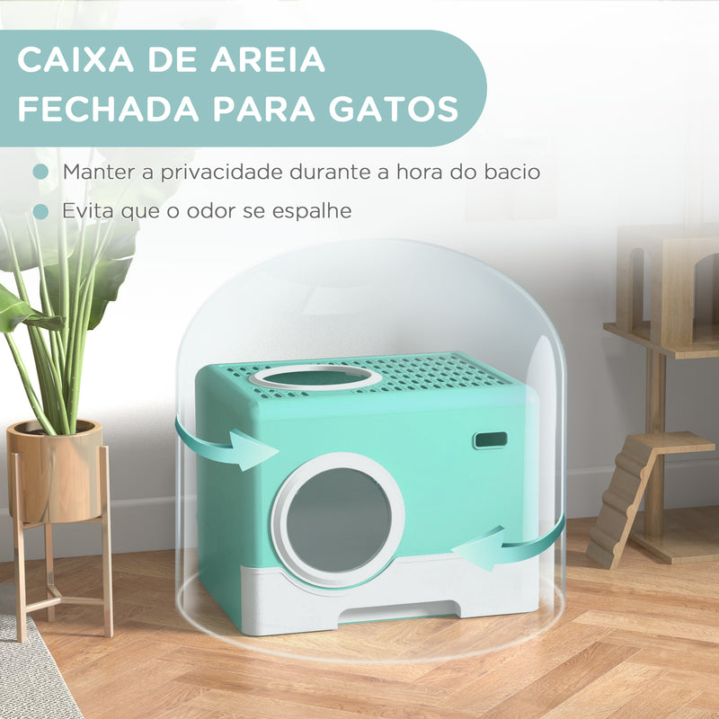 Caixa de Areia para Gatos Sanita para Animais de Estimação com Pá Bandeja Removível 2 Portas Entrada Frontal e Saída Superior 52x41x38,5 cm Verde