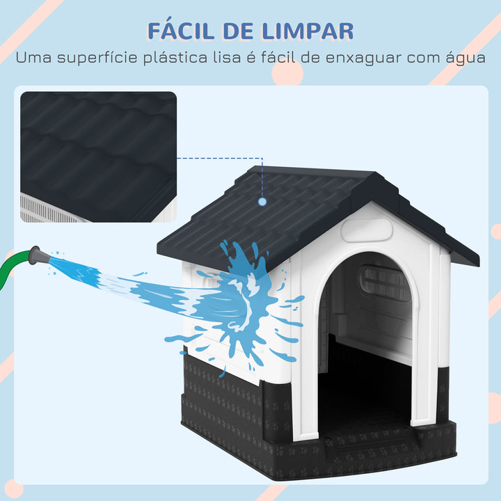 Casota para Cães Mini de Exterior Casa de Plástico com 3 Janelas Base Elevada Telhado Imitando Telhas 64,5x57x66 cm Cinzento Escuro