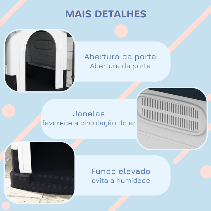 Casota para Cães Mini de Exterior Casa de Plástico com 3 Janelas Base Elevada Telhado Imitando Telhas 64,5x57x66 cm Cinzento Escuro