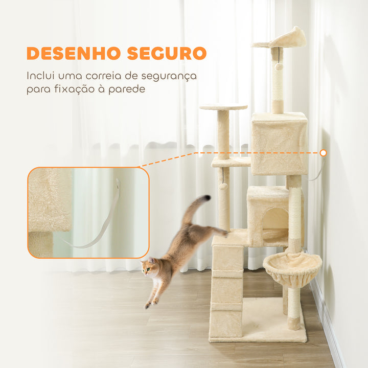 Arranhador para Gatos 180 cm Torre de Escalada com Múltiplas Plataformas Cama 2 Cavernas Rede Escada Postes de Sisal Bolas para Brincar Bege