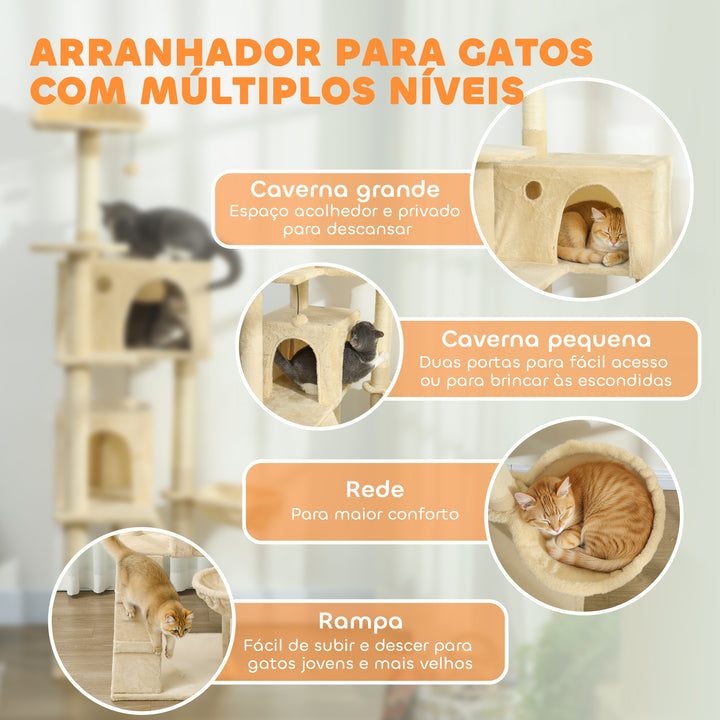 Arranhador para Gatos 180 cm Torre de Escalada com Múltiplas Plataformas Cama 2 Cavernas Rede Escada Postes de Sisal Bolas para Brincar Bege
