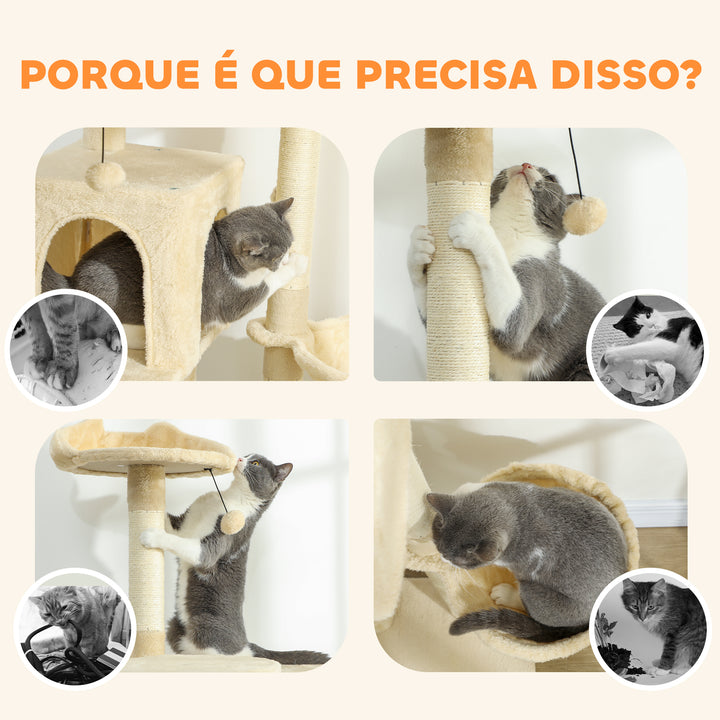 Arranhador para Gatos 180 cm Torre de Escalada com Múltiplas Plataformas Cama 2 Cavernas Rede Escada Postes de Sisal Bolas para Brincar Bege