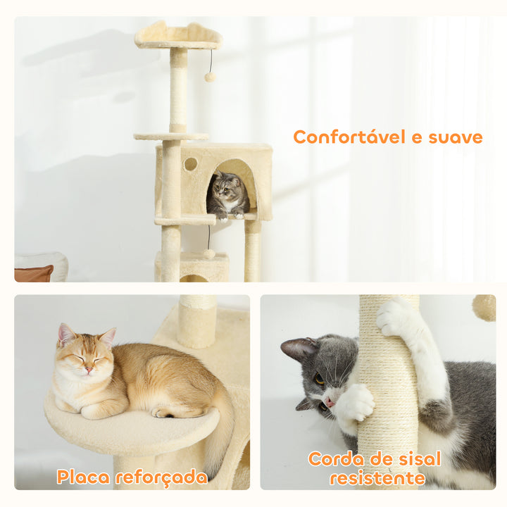 Arranhador para Gatos 180 cm Torre de Escalada com Múltiplas Plataformas Cama 2 Cavernas Rede Escada Postes de Sisal Bolas para Brincar Bege