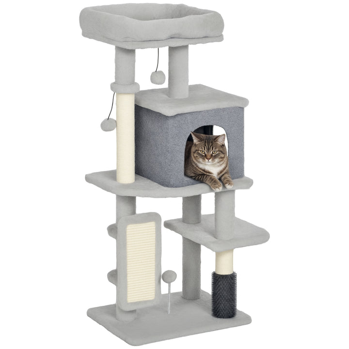 Arranhador para Gatos Grande Altura 104 cm Arranhador para Gatos com Plataformas Postes com Escova Bolas Suspensas e Almofadas para Arranhar Cinza