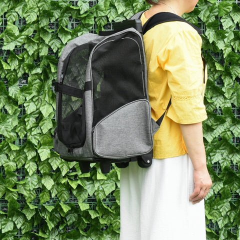Transportadora Carrinho para Animais de Estimação 2 em 1 Mochila de Viagem com 2 Rodas para Cães Gatos com Alça Retrátil de Alumínio e Bolso de Armazenamento 42x25x55cm Cinza