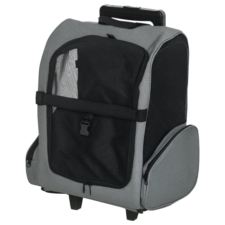 Transportadora Carrinho para Animais de Estimação 2 em 1 Mochila de Viagem com 2 Rodas para Cães Gatos com Alça Retrátil de Alumínio e Bolso de Armazenamento 42x25x55cm Cinza