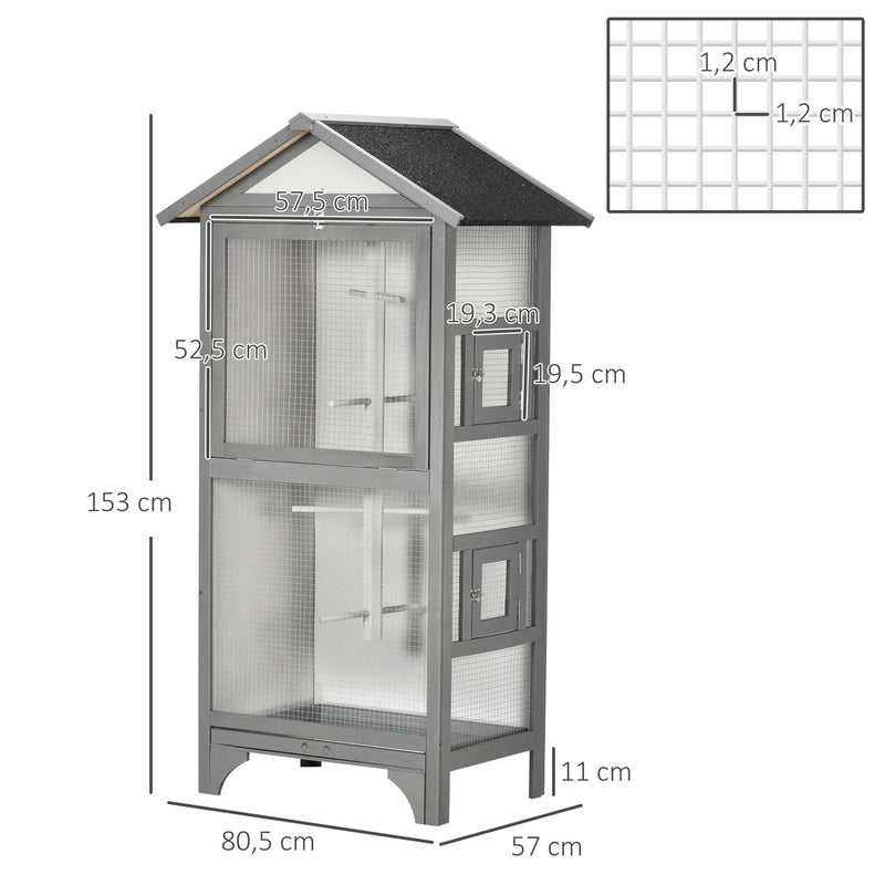 Gaiola para Pássaros Gaiola para Pássaros de Madeira com 3 Portas 4 Poleiros Bandeja Amovível e Teto Asfáltico 80,5x57x153 cm Cinza Claro