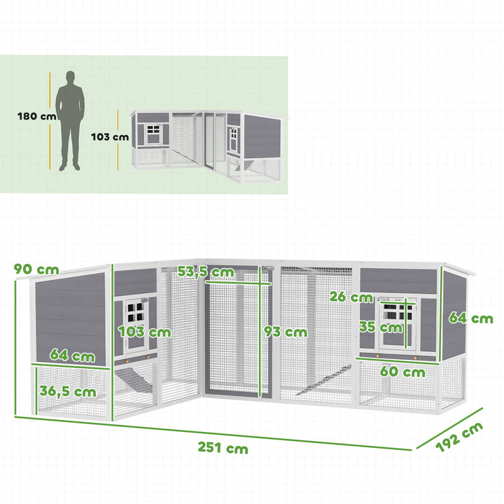Galinheiro Grande de Madeira para Exterior Gaiola para Galinhas em L com 2 Ninhos Recinto Bandejas Removíveis Telhado em PET e Rampas Casa Elevada para Coelhos 251x192x103 cm Cinzento