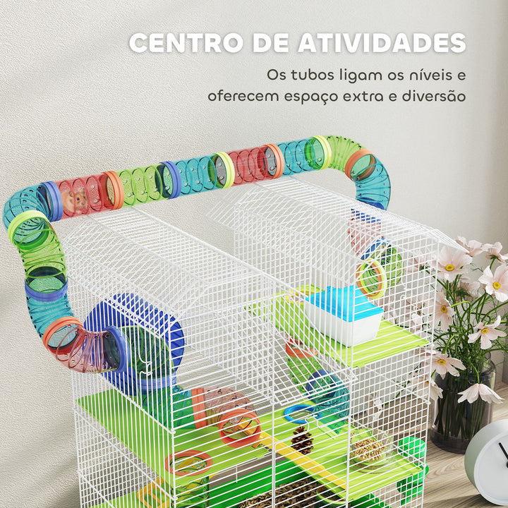 Gaiola para Hamster de 5 Níveis 47x30x59 cm Casa para Animais Pequenos com Túneis Tigela Bebedouro Casinha Roda de Exercício Rampas para Hamsters e Gerbos Verde
