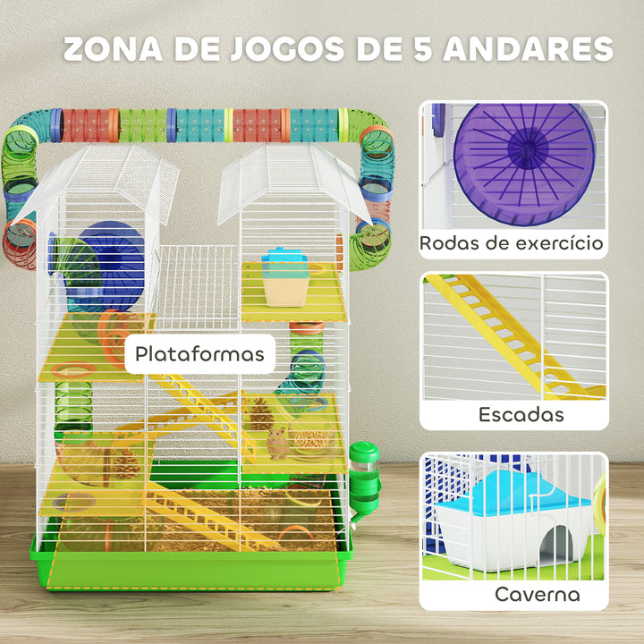 Gaiola para Hamster de 5 Níveis 47x30x59 cm Casa para Animais Pequenos com Túneis Tigela Bebedouro Casinha Roda de Exercício Rampas para Hamsters e Gerbos Verde