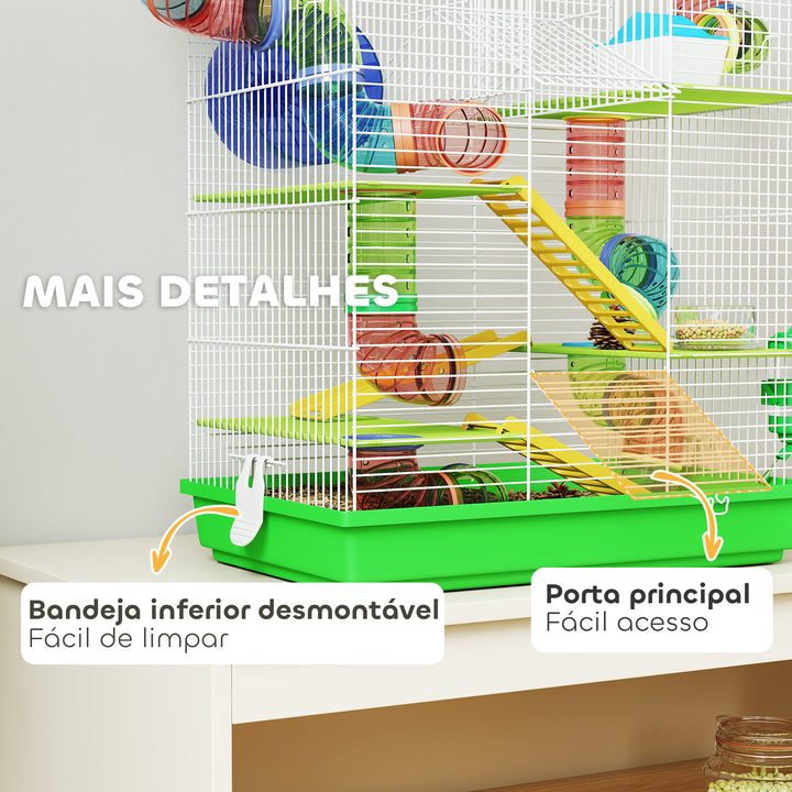 Gaiola para Hamster de 5 Níveis 47x30x59 cm Casa para Animais Pequenos com Túneis Tigela Bebedouro Casinha Roda de Exercício Rampas para Hamsters e Gerbos Verde