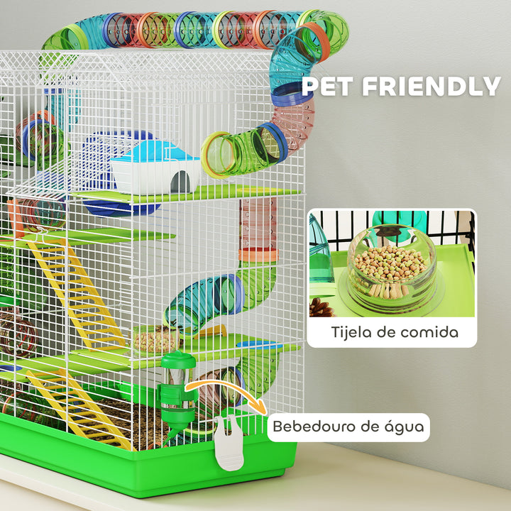 Gaiola para Hamster de 5 Níveis 47x30x59 cm Casa para Animais Pequenos com Túneis Tigela Bebedouro Casinha Roda de Exercício Rampas para Hamsters e Gerbos Verde