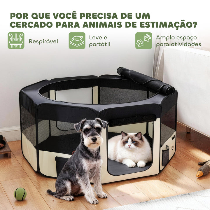 Parque Dobrável para Cães e Gatos Cercado Portátil para Animais Pequenos em Tecido Oxford Impermeável com 2 Portas Interior e Exterior Ø90x41 cm Preto