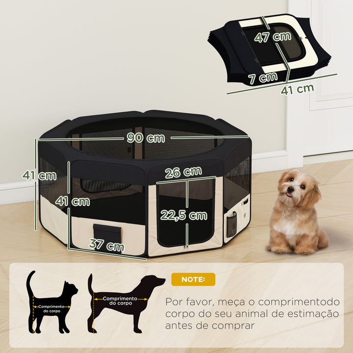 Parque Dobrável para Cães e Gatos Cercado Portátil para Animais Pequenos em Tecido Oxford Impermeável com 2 Portas Interior e Exterior Ø90x41 cm Preto