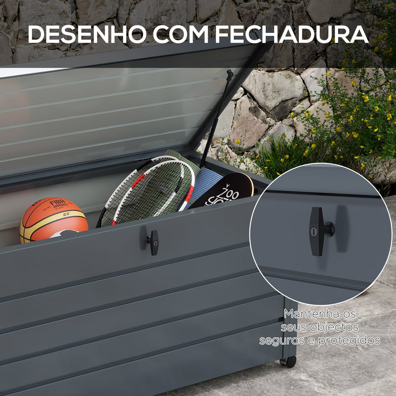 Baú de Exterior 311 L Baú de Armazenamento de Aço Galvanizado com 4 Rodas 2 Pegas e 1 Fechadura com Chave para Jardim Pátio 120x62x66 cm Cinza Escuro