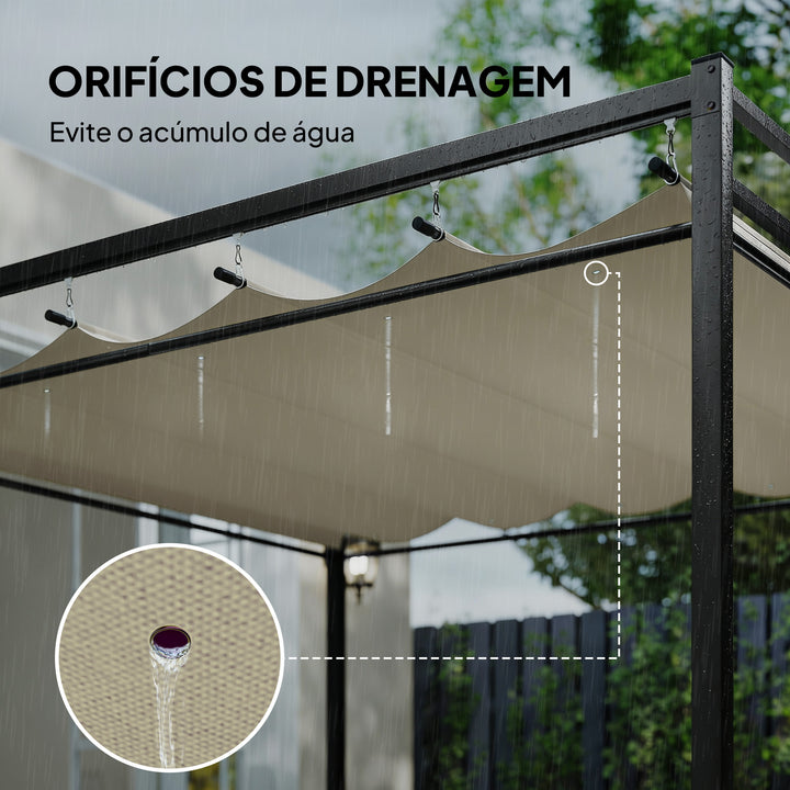 Pérgola de Jardim 295x295x221 cm com Teto Retrátil e Cortinas UPF30+ Estrutura Metálica Pérgola para Exterior Bege