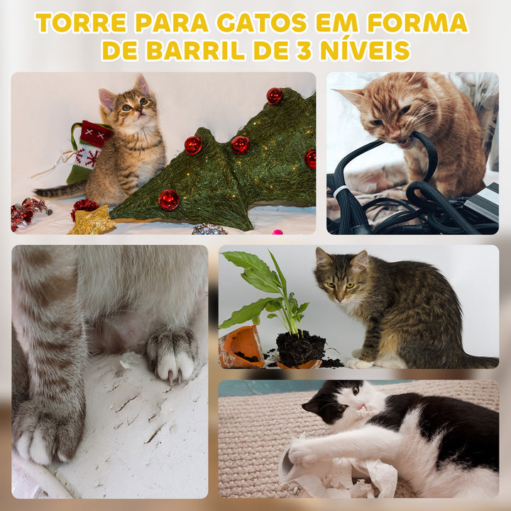 Arranhador em Forma de Cilindro para Gatos com 3 Níveis Plataforma e Caverna Confortável 37,5x37,5x70 cm Caqui e Bege