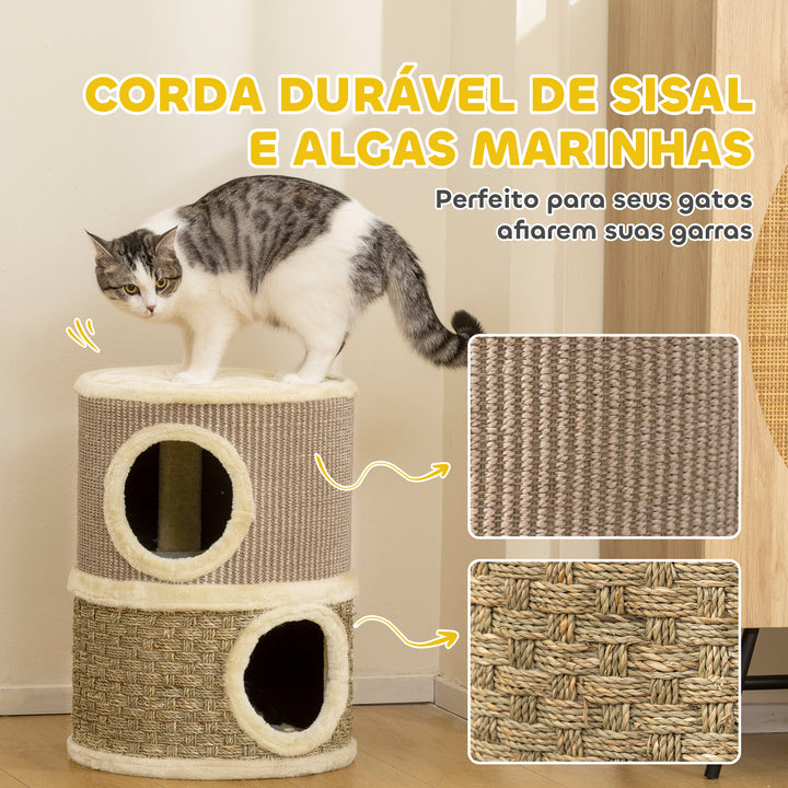 Arranhador em Forma de Cilindro para Gatos com 3 Níveis Plataforma e Caverna Confortável 37,5x37,5x70 cm Caqui e Bege