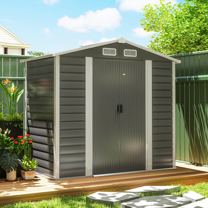 Abrigo de Jardim Exterior 2,36m² 213x120x194 cm Abrigo de Exterior com Base Reforçada (Piso NÃO Incluído) Portas de Correr Duplas Fechadura Janelas Cinza Escuro