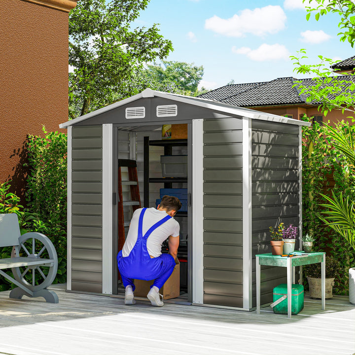 Abrigo de Jardim Exterior 2,36m² 213x120x194 cm Abrigo de Exterior com Base Reforçada (Piso NÃO Incluído) Portas de Correr Duplas Fechadura Janelas Cinza Escuro
