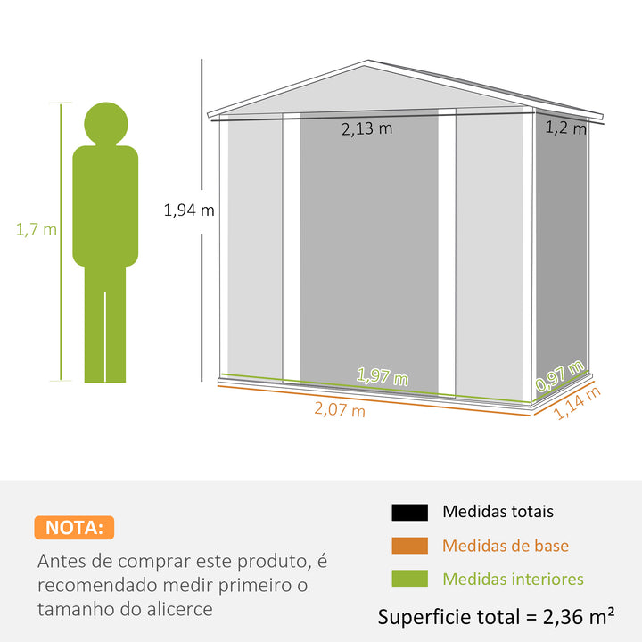 Abrigo de Jardim Exterior 2,36m² 213x120x194 cm Abrigo de Exterior com Base Reforçada (Piso NÃO Incluído) Portas de Correr Duplas Fechadura Janelas Cinza Escuro