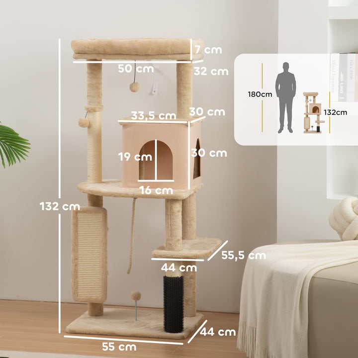 Arranhador para Gatos Grande Altura 132 cm Arranhador para Gatos com Plataformas Postes com Escova Bolas Suspensas e Almofadas para Arranhar Bege