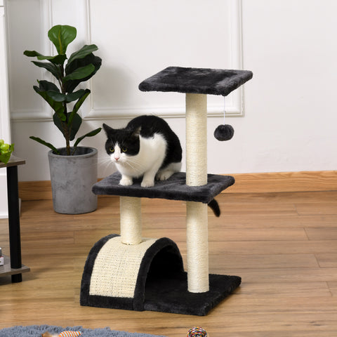Arranhador para Gatos Médio Arranhador para Gatos de 3 Níveis Torre para Gatos com Postes de Sisal Placa para Arranhar e Bola Suspensa Cinzento Escuro