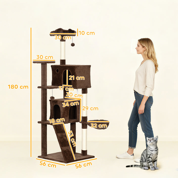 Arranhador para Gatos 180 cm Torre de Escalada com Múltiplas Plataformas Cama 2 Cavernas Rede Escada Postes de Sisal Bolas para Brincar Marrom