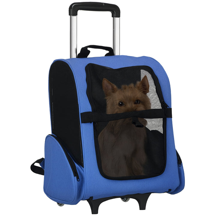 Transportadora para Animais de Estimação 2 em 1 Mochila de Viagem com 2 Rodas para Cães Gatos com Alça Retrátil de Alumínio e Bolso de Armazenamento 42x25x55cm Azul