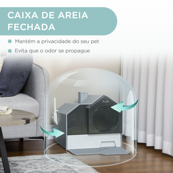 Caixa de Areia para Gatos Caixa de Areia Fechada para Gatos com Bandeja Amovível Pá e Filtro Desodorizante 47x45x42 cm Cinza