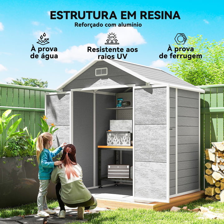 Abrigo de Jardim em Resina com Piso 182x151x219 cm Efeito Madeira Estrutura Reforçada em Alumínio Janela Ventilação Portas Duplas com Fechadura Cinzento