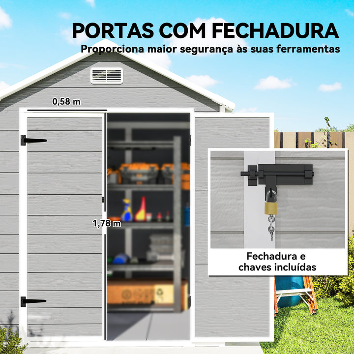 Abrigo de Jardim em Resina com Piso 182x151x219 cm Efeito Madeira Estrutura Reforçada em Alumínio Janela Ventilação Portas Duplas com Fechadura Cinzento