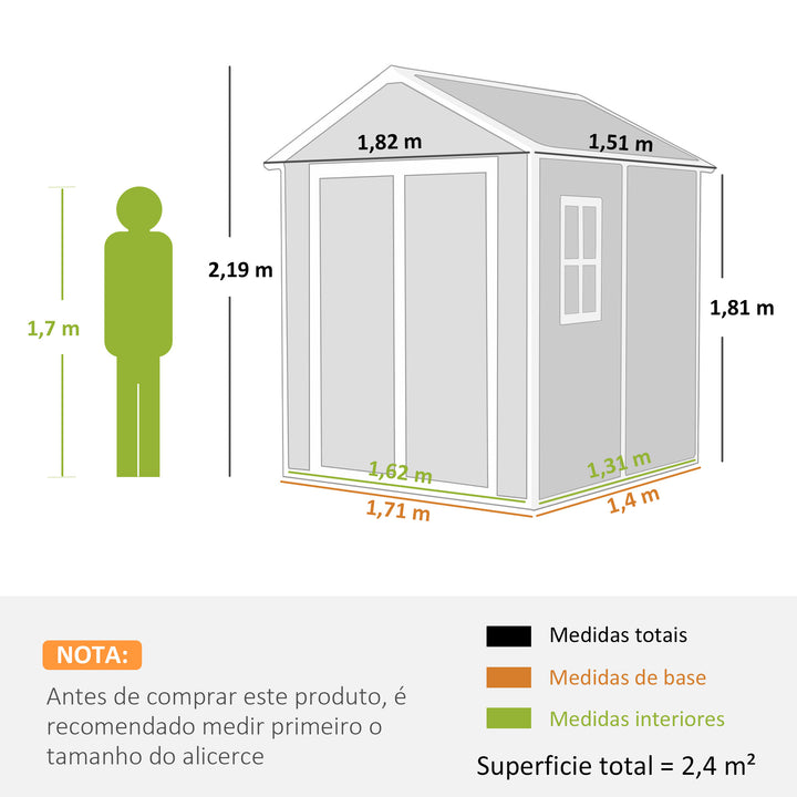 Abrigo de Jardim em Resina com Piso 182x151x219 cm Efeito Madeira Estrutura Reforçada em Alumínio Janela Ventilação Portas Duplas com Fechadura Cinzento