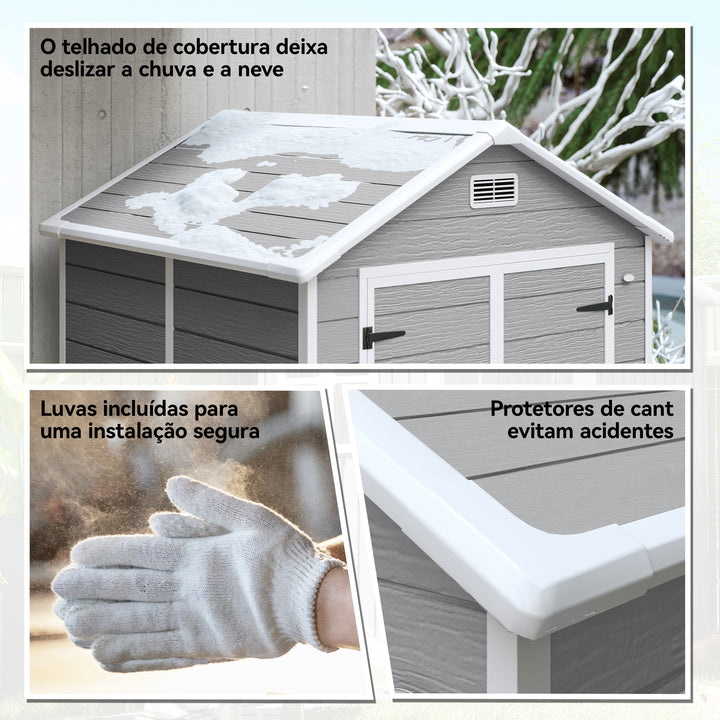 Abrigo de Jardim em Resina com Piso 182x151x219 cm Efeito Madeira Estrutura Reforçada em Alumínio Janela Ventilação Portas Duplas com Fechadura Cinzento