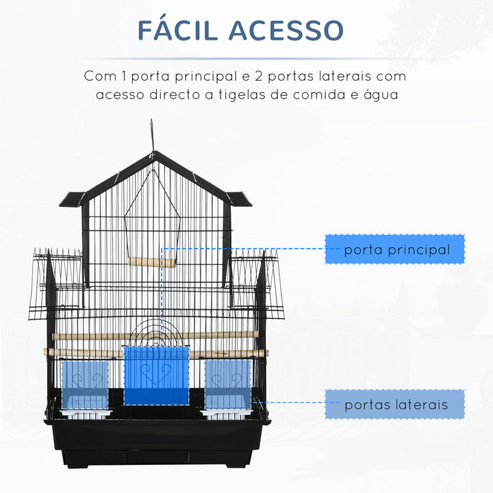 Gaiola para Pássaros de Metal com Bandeja Amovível 2 Comedouros e Poleiros 50,5x41x63cm Preto