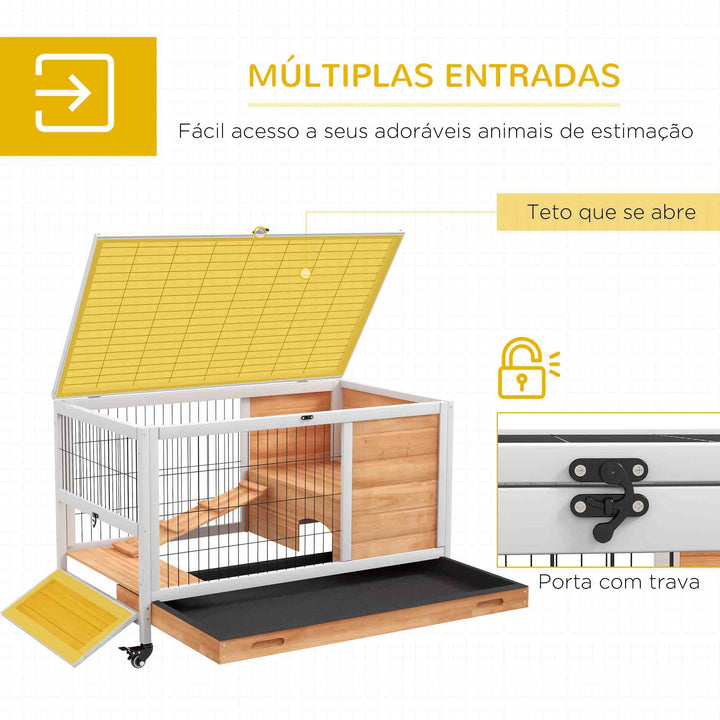 Coelheira de Madeira Gaiola de para Pequenos Animais Portátil com Teto Abatível Rampa Bandeja Removível para Coelhos da Índia 90x53x59 cm Madeira