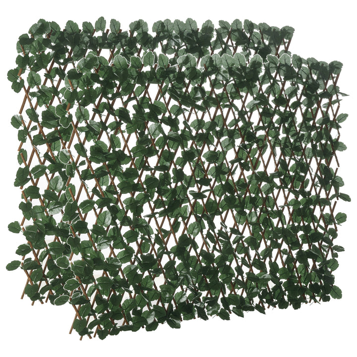 Vedação com Treliça Expansível de 2 Peças com Folhas Artificiais 295x70 cm Parede de Folhas com Vime Decorativa Vedação de Privacidade para Jardim Varanda Verde e Madeira