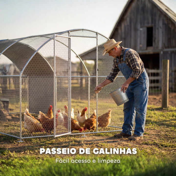 Galinheiro de Exterior Grande 2,8x5,1x1,9 m, 14,2 m² Galinheiro de Aço Galvanizado com Cobertura de Tecido Oxford Anti-UV e Impermeável Porta e Fechos Gaiola para 15-24 Galinhas Prateado