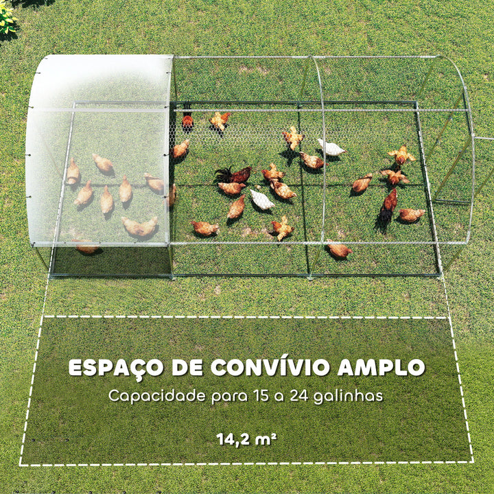 Galinheiro de Exterior Grande 2,8x5,1x1,9 m, 14,2 m² Galinheiro de Aço Galvanizado com Cobertura de Tecido Oxford Anti-UV e Impermeável Porta e Fechos Gaiola para 15-24 Galinhas Prateado