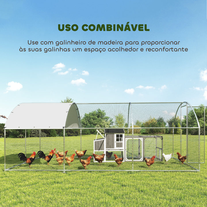 Galinheiro de Exterior Grande 2,8x5,1x1,9 m, 14,2 m² Galinheiro de Aço Galvanizado com Cobertura de Tecido Oxford Anti-UV e Impermeável Porta e Fechos Gaiola para 15-24 Galinhas Prateado