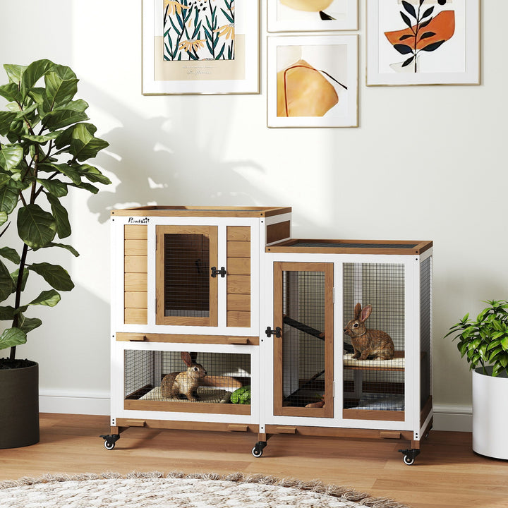 Coelheira de Madeira para Interior Gaiola para Coelhos e Animais Pequenos de 2 Níveis com 6 Rodas 2 Escadas 3 Bandejas Amovíveis e Área Aberta 110x50x86 cm Marrom
