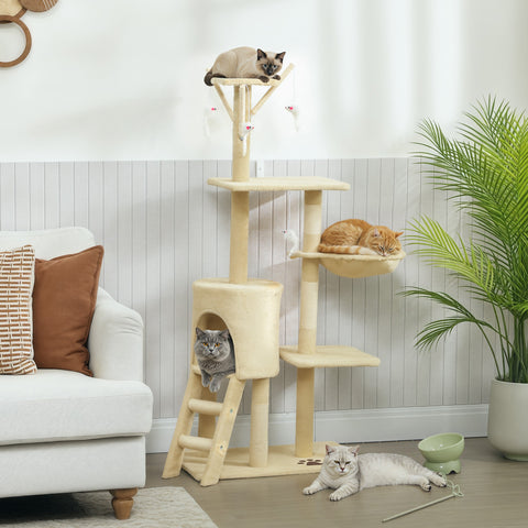 Arranhador para Gatos de 134 cm Torre para Gatos com Caverna Plataformas Rato de Brinquedo Rede e Postes de Sisal 60x35x134 cm Bege