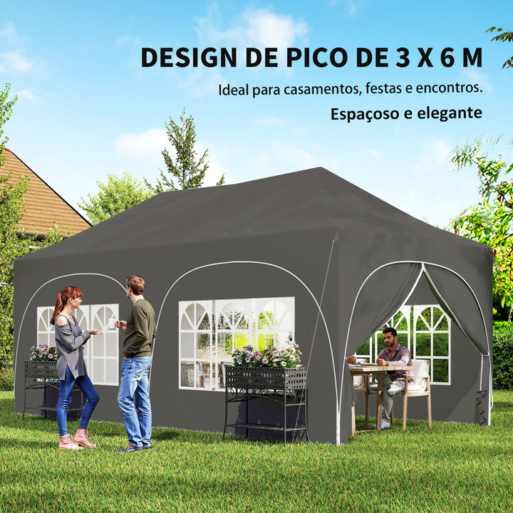 Tenda Dobrável 6x3 m Tenda Pop-up com 6 Laterais Removíveis Altura Ajustável Janelas Bolsa de Transporte UPF30+ Tenda para Campismo Festas Exterior Cinzento Escuro
