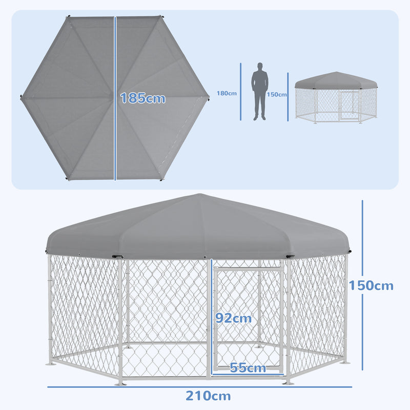 Canil de Exterior Hexagonal Gaiola para Cães com Porta Estrutura de Aço Galvanizado e Toldo Impermeável e Anti-UV 210x185x150 cm Prata