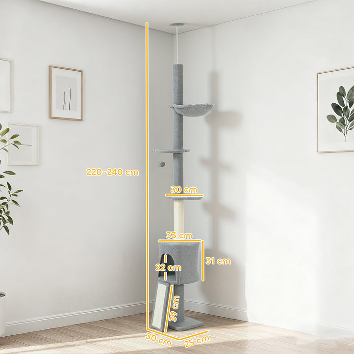 Arranhador para Gatos de Chão a Teto Altura Ajustável de 220-240 cm Torre para Gatos com Rede Plataformas em Flor Cavernas Rampa e Bola Cinza Claro