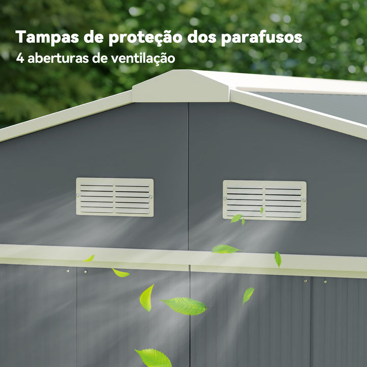 Galpão de jardim Galpão de armazenamento para ferramentas com porta deslizante dupla aço galvanizado 340x382x200 cm cinza