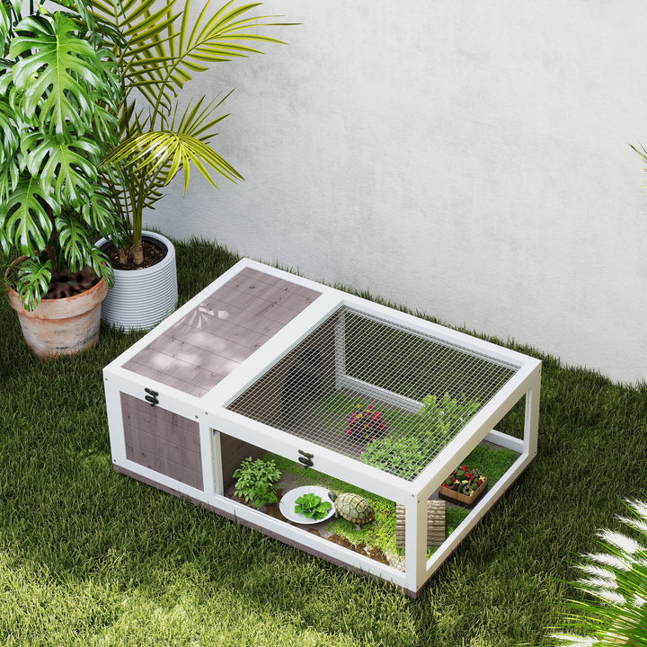 Casa para Tartarugas de Madeira Terrario para Reptéis com Teto de Malha Painéis Laterais Transparentes e Trava de Segurança 91x60,5x32 cm Castanho Acinzentado