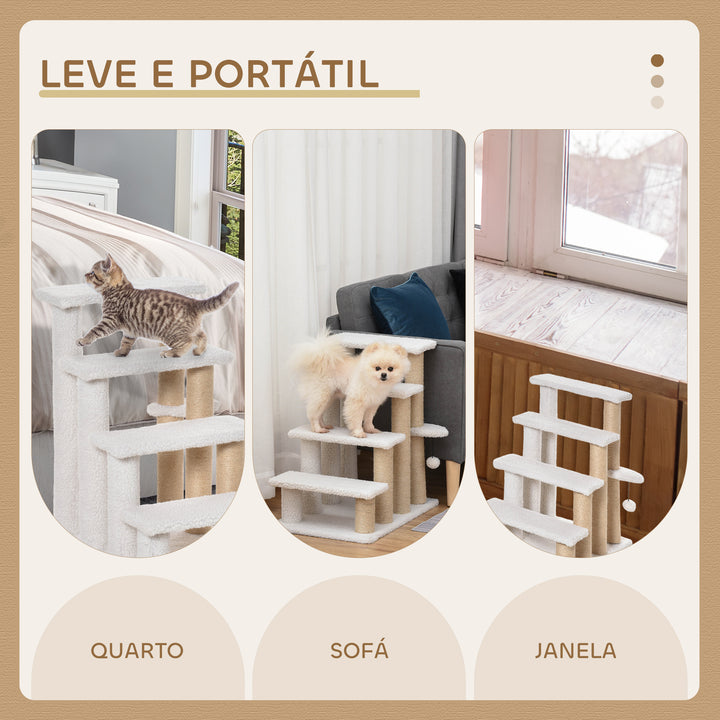 Escada para Gatos de 4 Níveis Coberta de Pelúcia Suave Poste de Juta Bola Pendurada Arranhador para Gatos 60x40x64 cm Branco